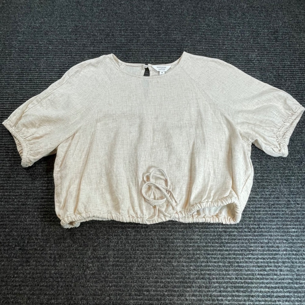 Banana Republic Linen Blend Cropped Drawstring Blouse Beige Short Sleeve Medium